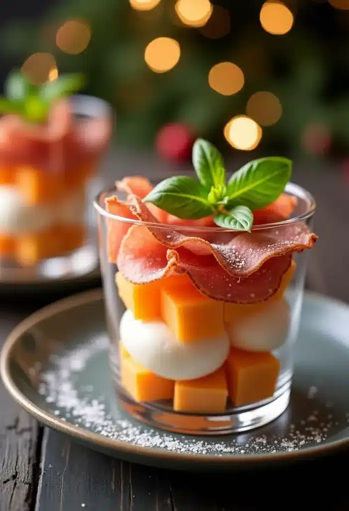Verrine festive avec jambon, fromage et basilic.
