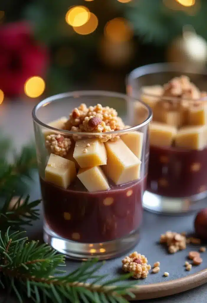 Verrine dessert avec fromage et sauce chocolat.