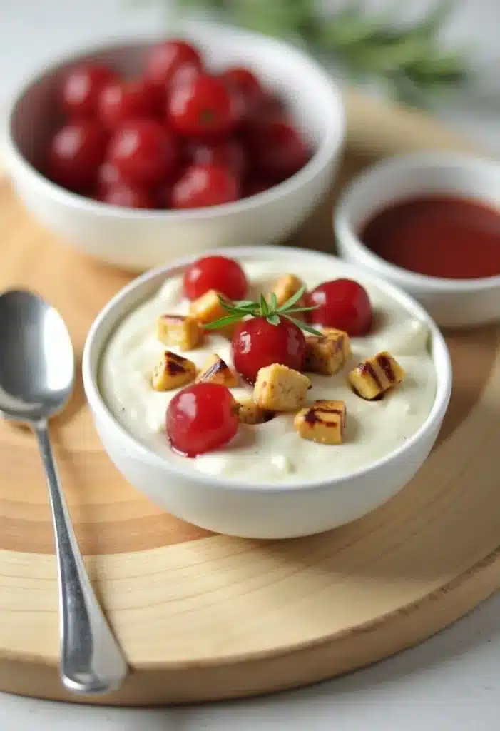 Dessert au fromage blanc, tomates cerises, croûtons grillés.