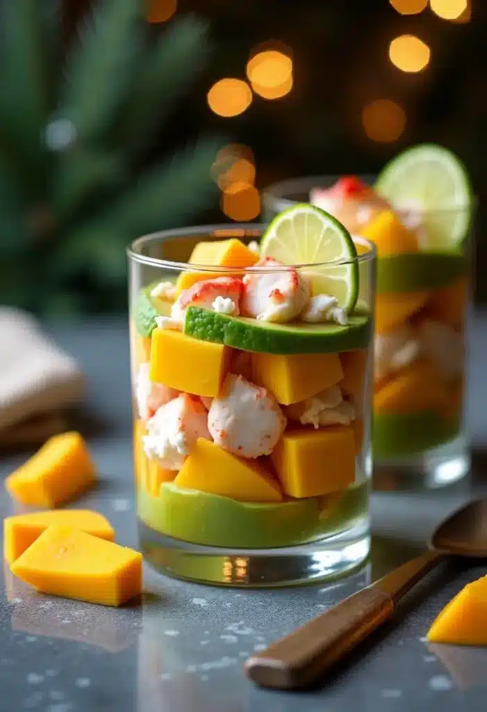 Verrine de crevettes, avocat, mangue et citron vert.
