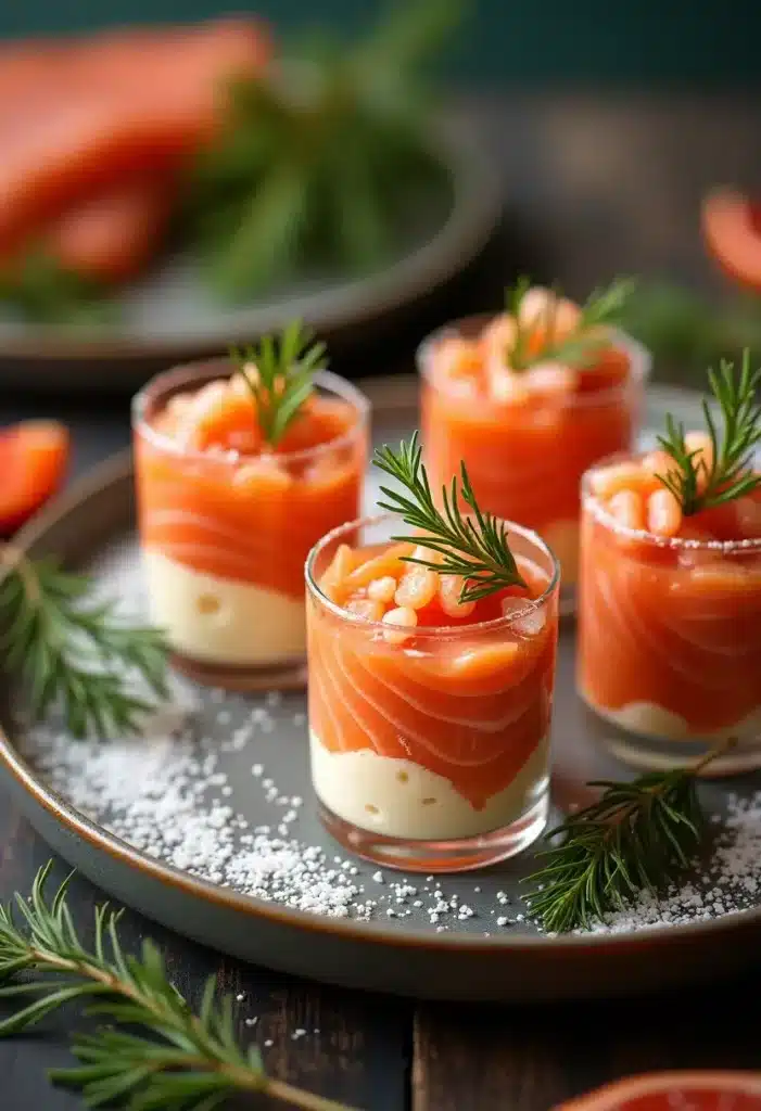 Verrines de saumon et fromage frais, décoration aneth.