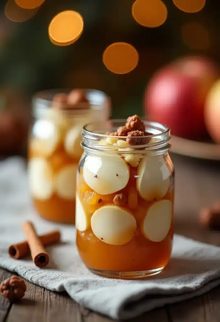 Dessert en bocaux avec épices et pommes.