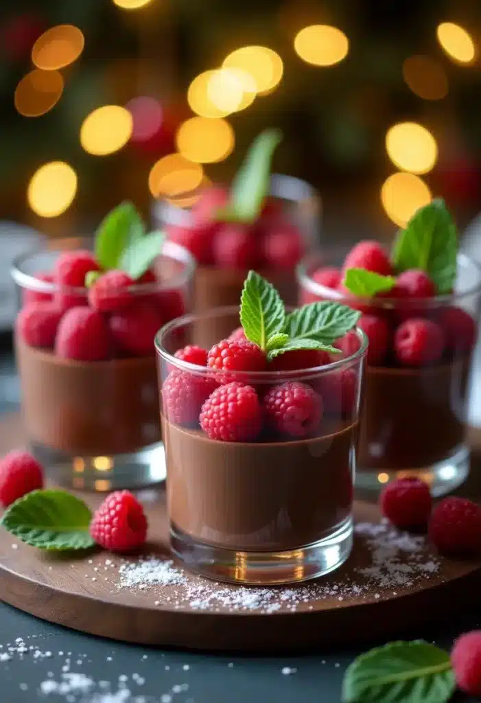 Chocolat, framboises et feuilles de menthe en verrines.