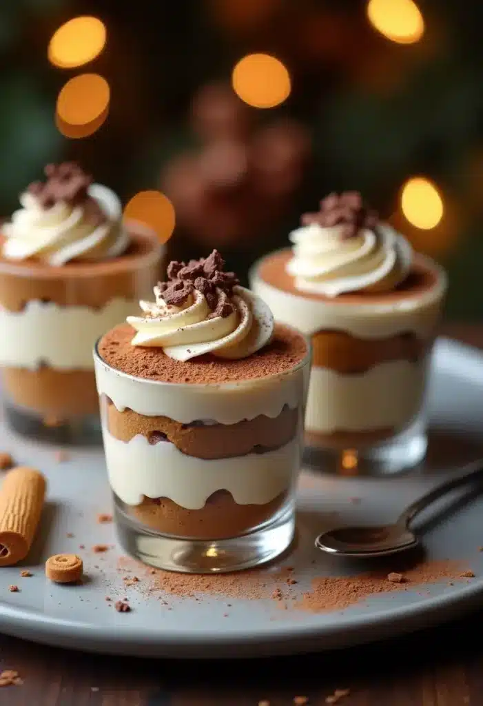 Desserts en verrines au chocolat et chantilly.