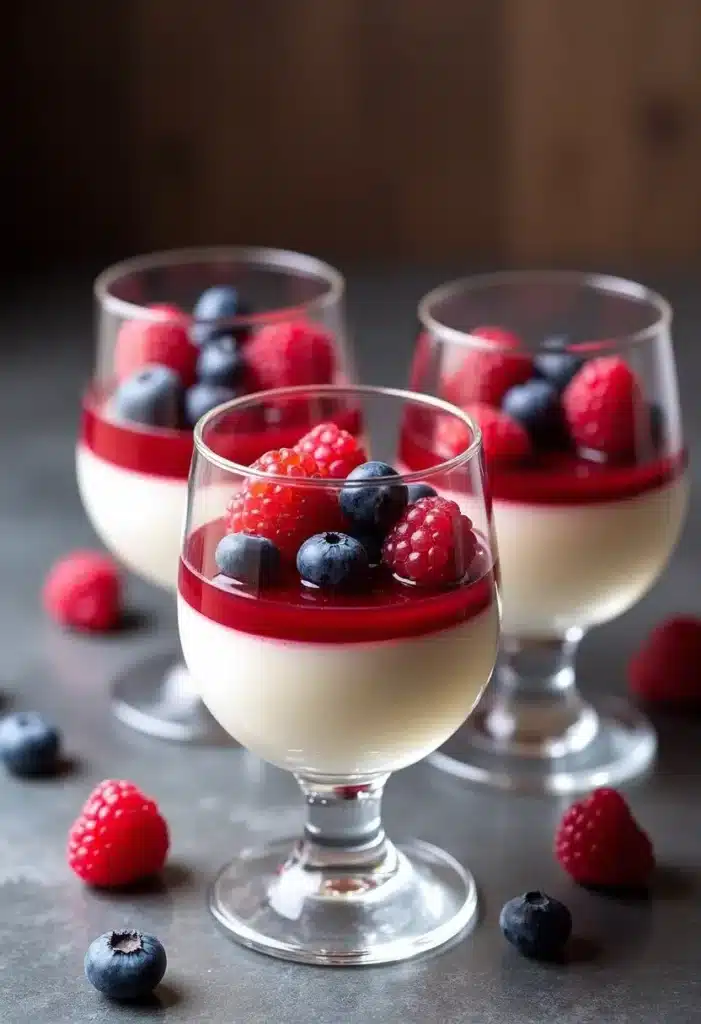 Panna cotta fruits rouges dans verres élégants.