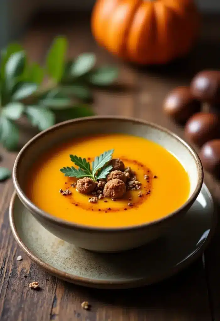 Soupe potiron décorée de croûtons et persil frais.