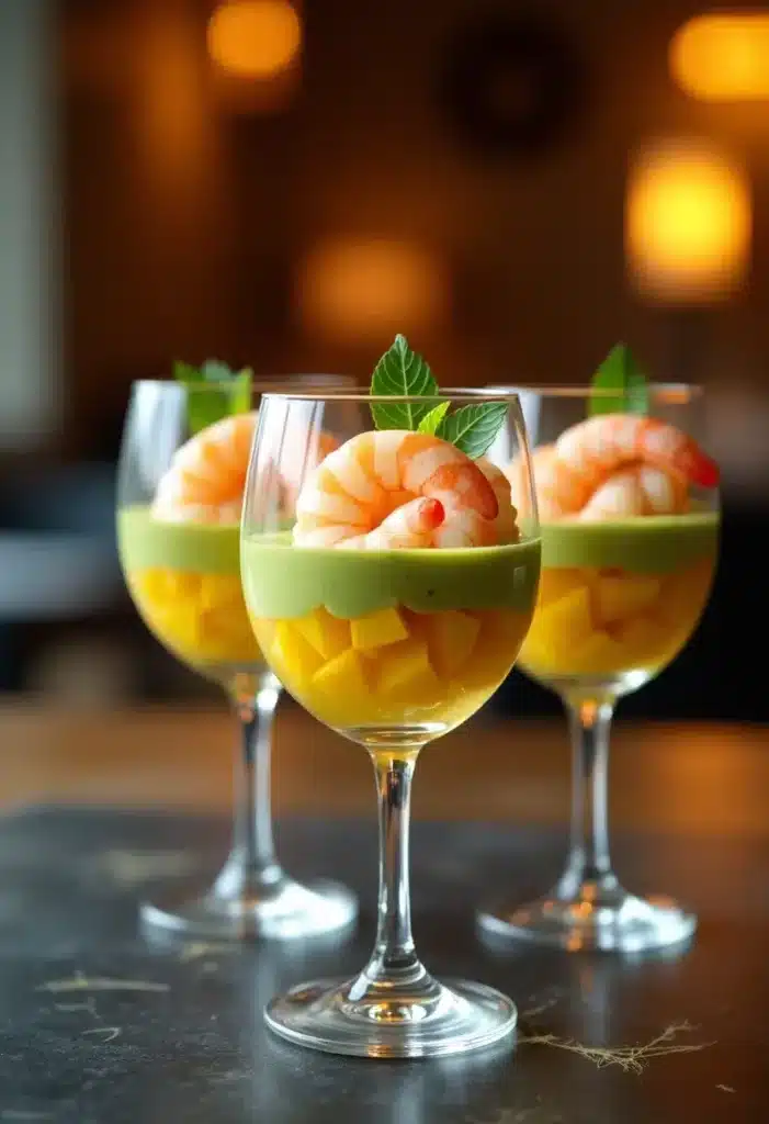 Verrines crevettes avocats mangues servies élégamment.