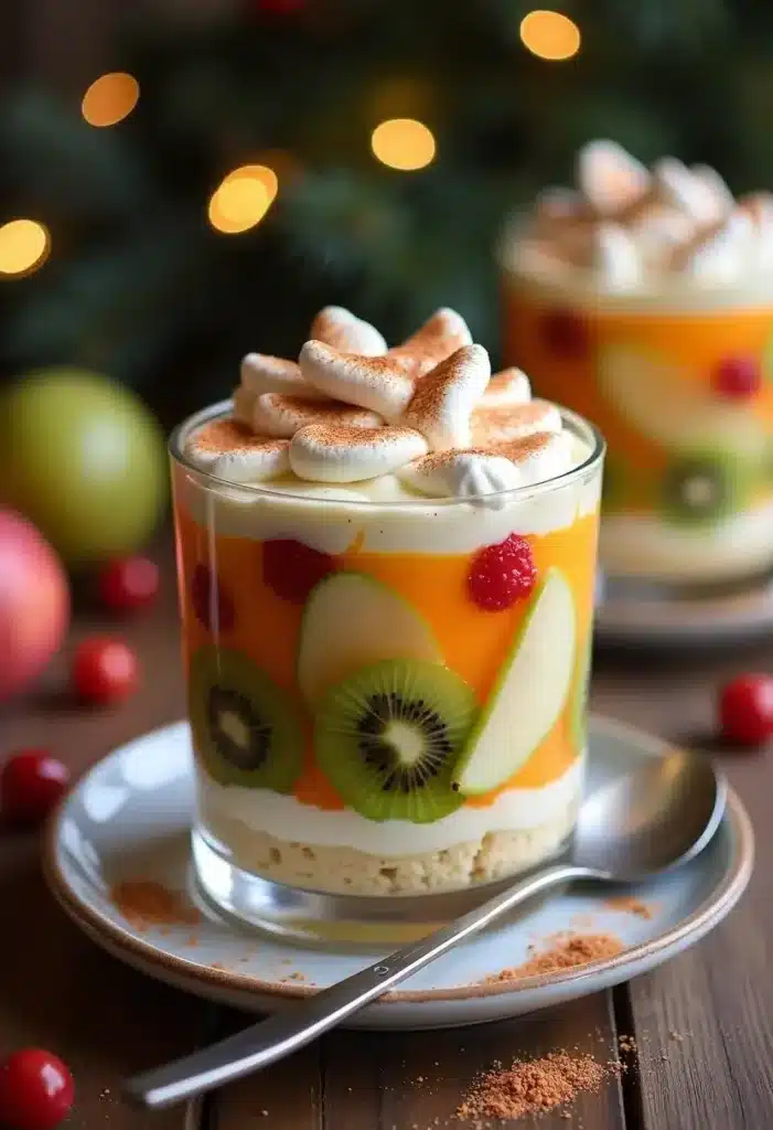 Verrine de fruits et crème, décorée de guimauves.