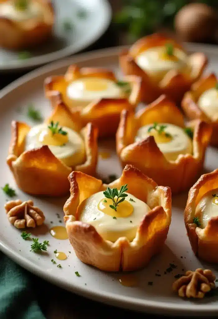 Tartelettes chèvre-miel fraîches sur assiette, garnies d'herbes.