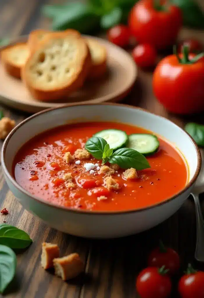 Soupe tomate garnie de basilic et concombre.