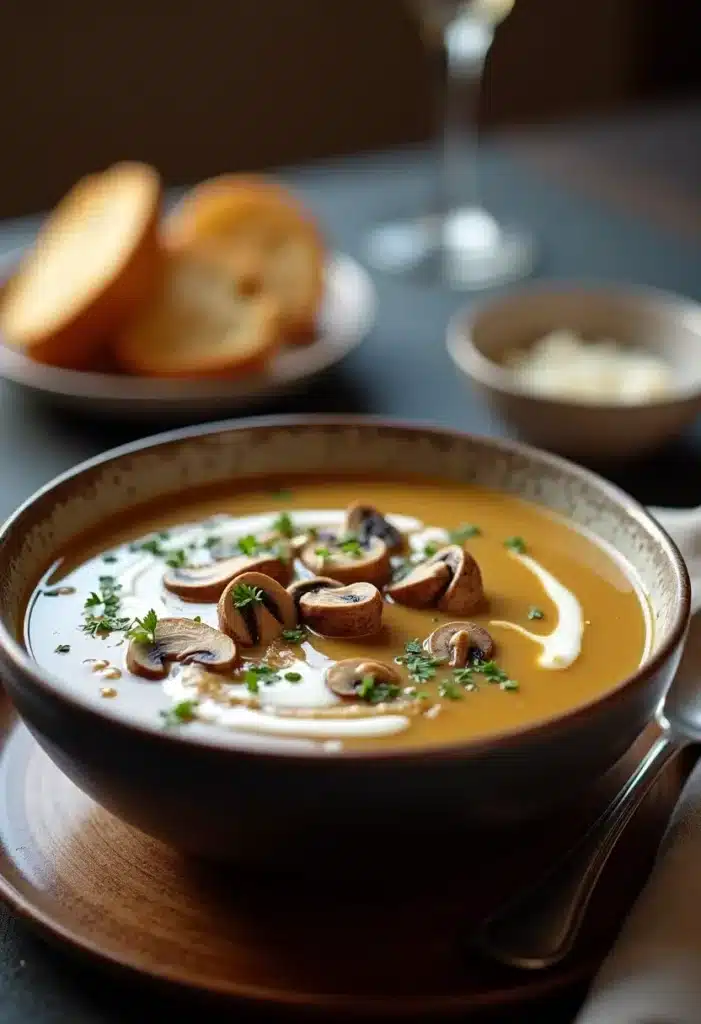 Soupe crémeuse aux champignons avec persil et pain.