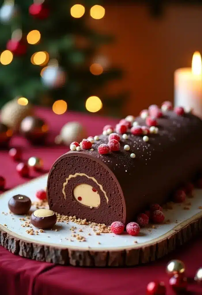Bûche chocolat festive décorée de fruits rouges.
