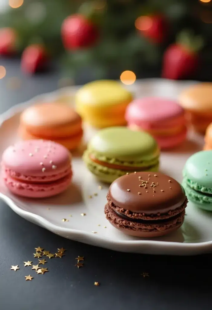 Assortiment coloré de macarons sur assiette blanche.