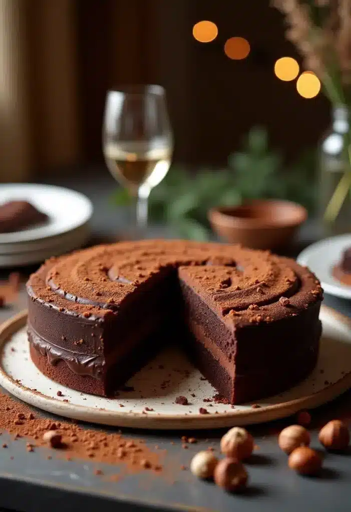 Gâteau au chocolat avec verre de vin blanc.