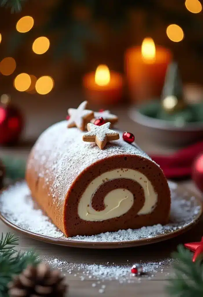 Bûche de Noël décorée sur table festive.