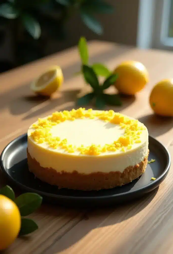 Gâteau au citron sur assiette noire, décoré de zestes.