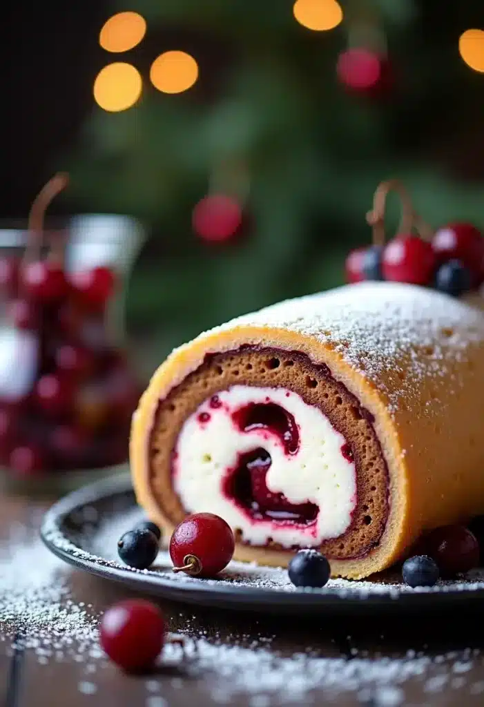 Bûche de Noël aux fruits rouges, décorée de givre.