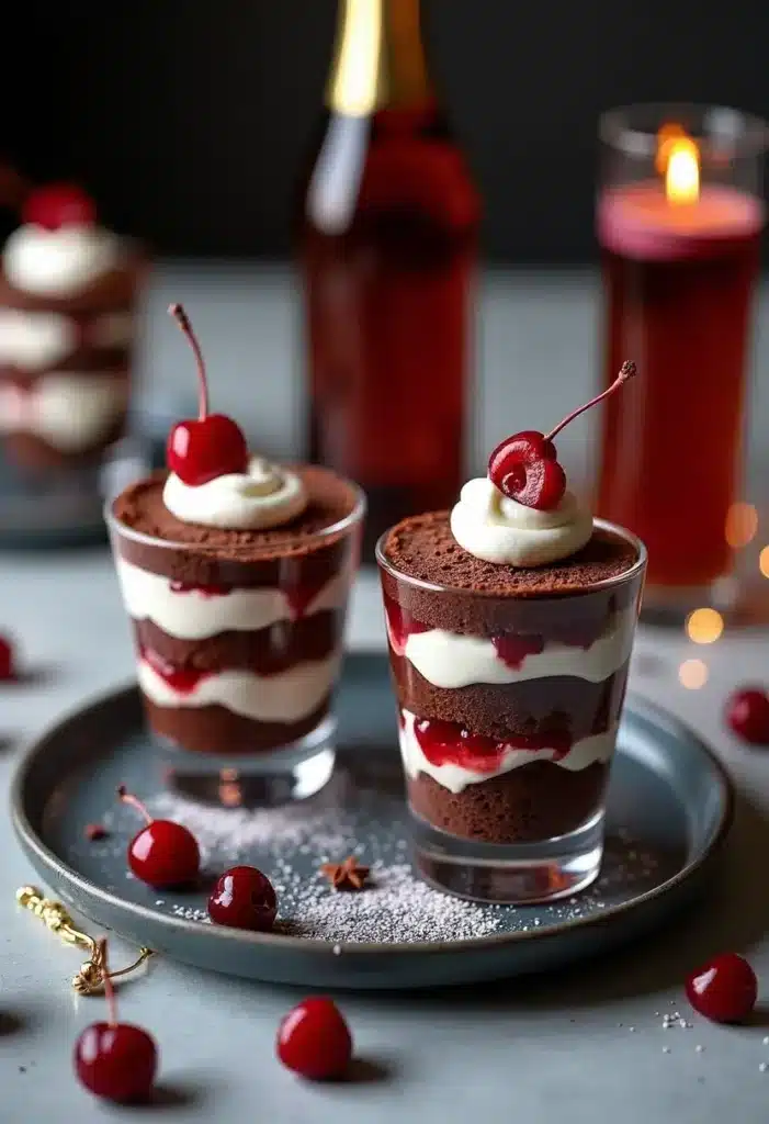 Verrines gâteau chocolat cerises, dessert élégant.