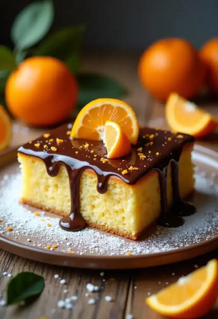 Gâteau à l'orange avec glaçage chocolat.