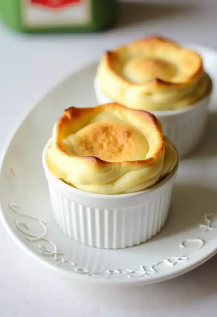 Mini tourtes dorées en ramequins blancs, servies chaud.