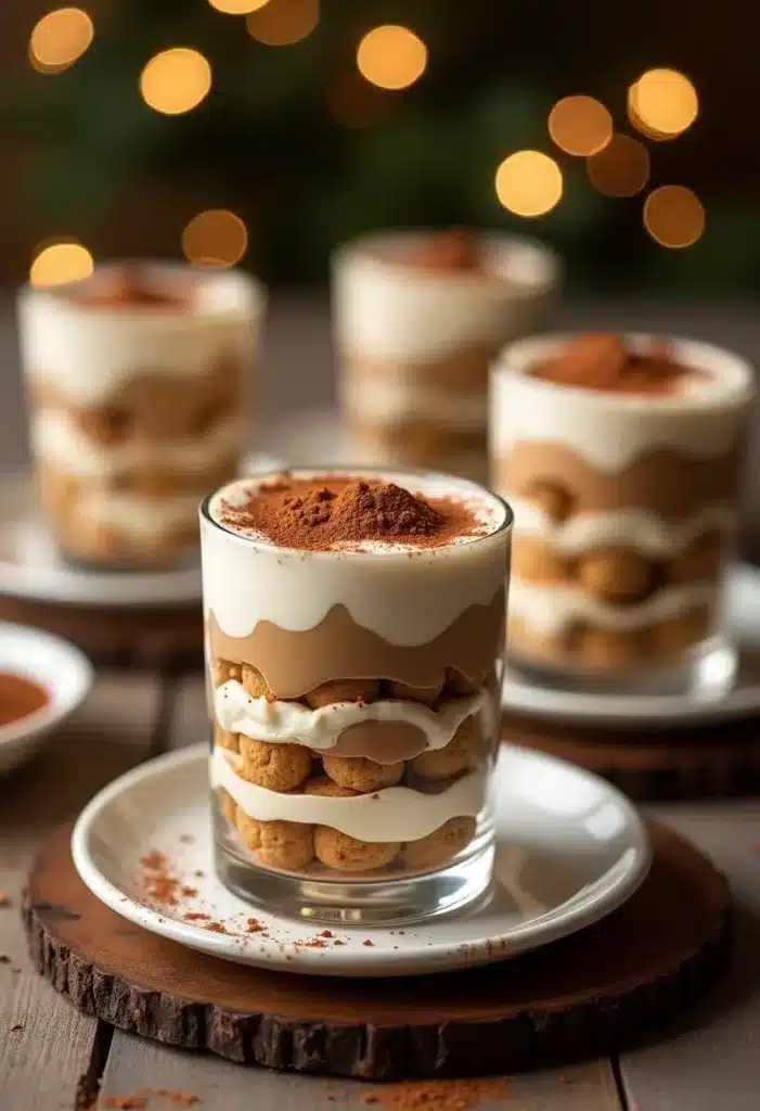 Desserts tiramisu en verrines avec décoration de cacao.