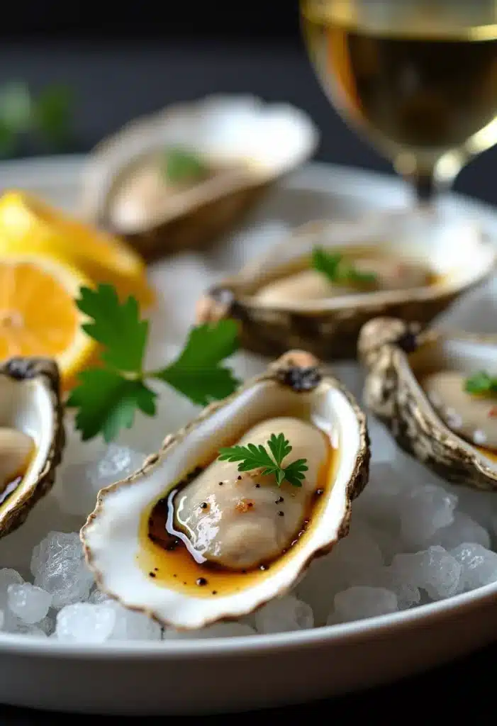 Huîtres sur glace avec rondelles de citron.