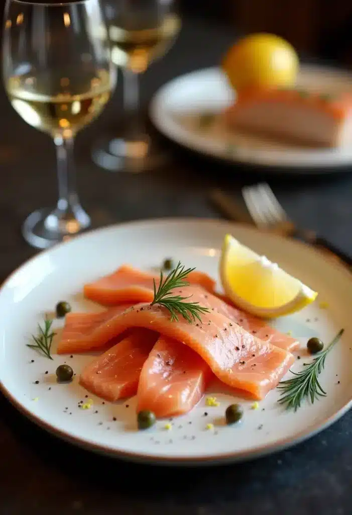 Saumon fumé avec citron et verre de vin blanc.