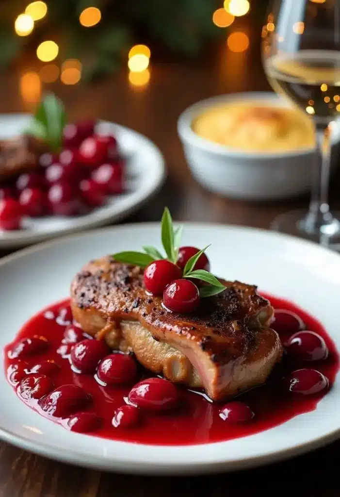 Canard rôti, sauce aux canneberges.