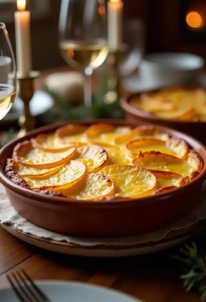 Gratin savoyard servi dans un plat en terre cuite.