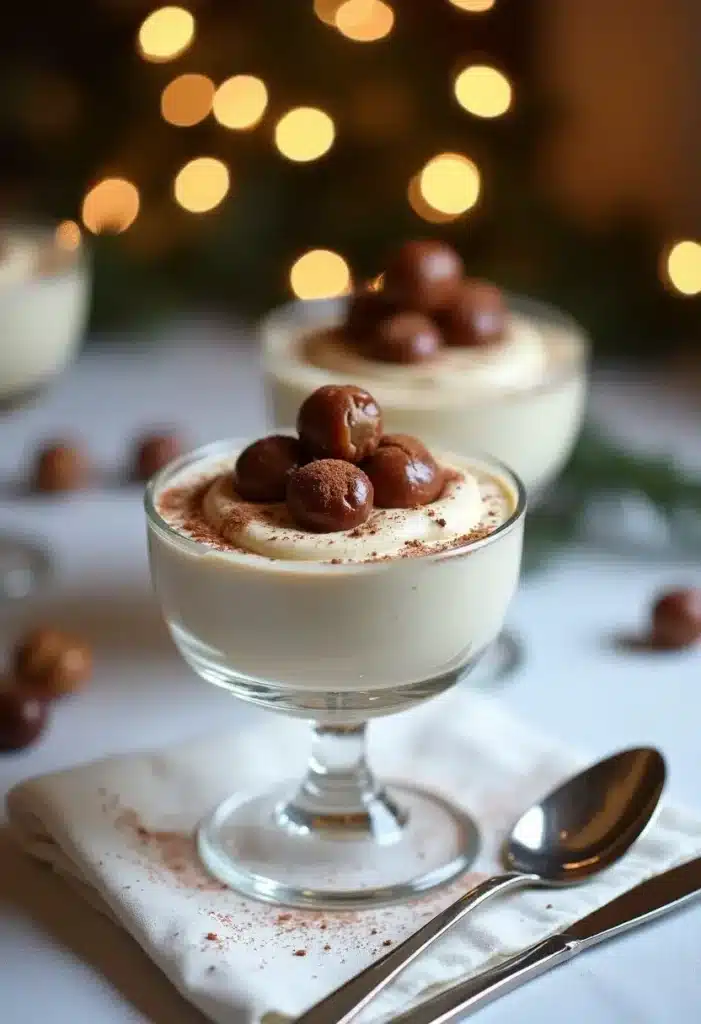 Dessert crémeux avec chocolat et lumière d'ambiance.
