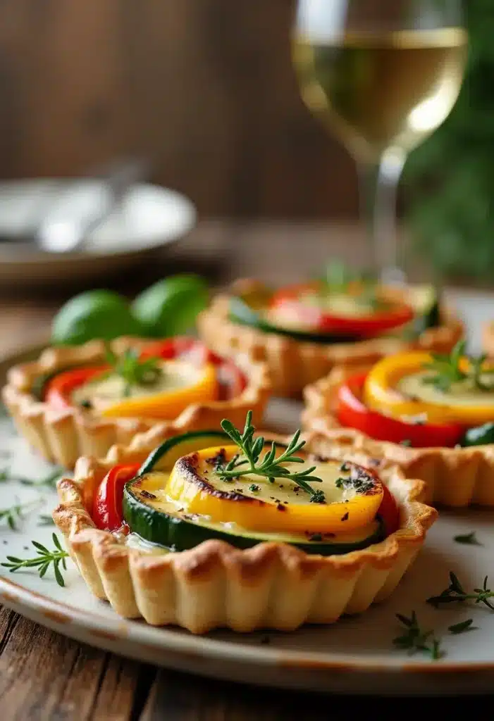 Tartelettes légumes avec verre de vin blanc.