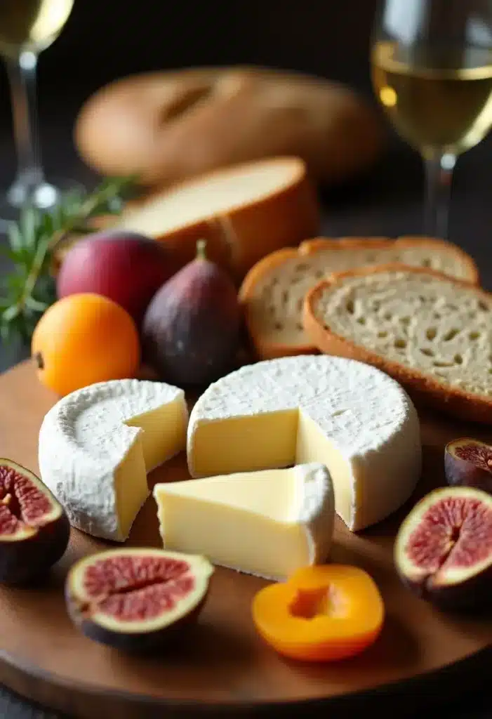 Plateau de fromage, fruits et pain avec vin.