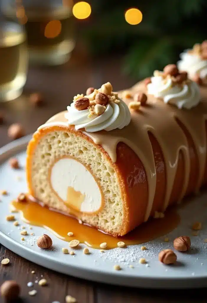 Bûche de Noël caramel avec noisettes et crème.
