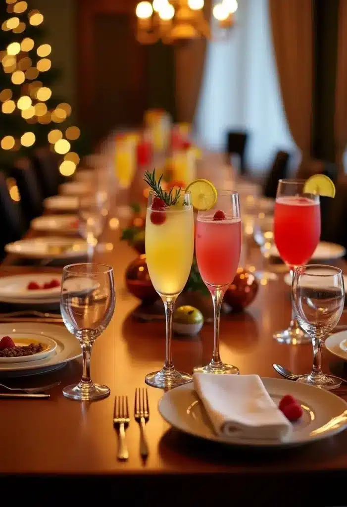 Table de fête avec cocktails et décorations lumineuses.