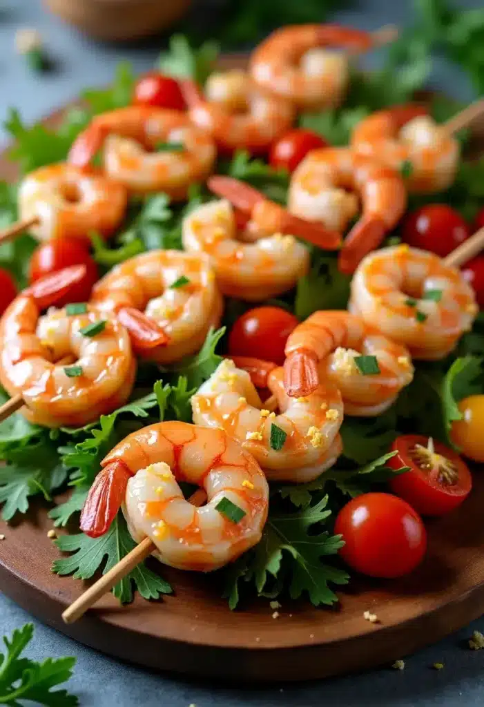 Brochettes de crevettes sur lit de salade.
