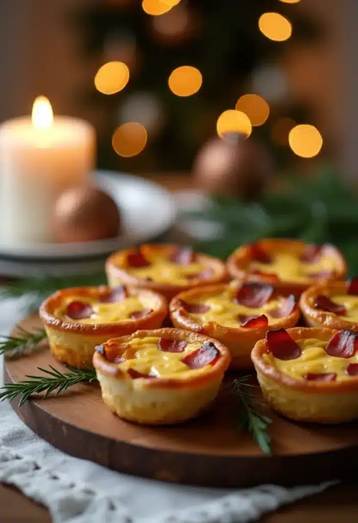 Tartelettes salées sur planche en bois, ambiance festive.