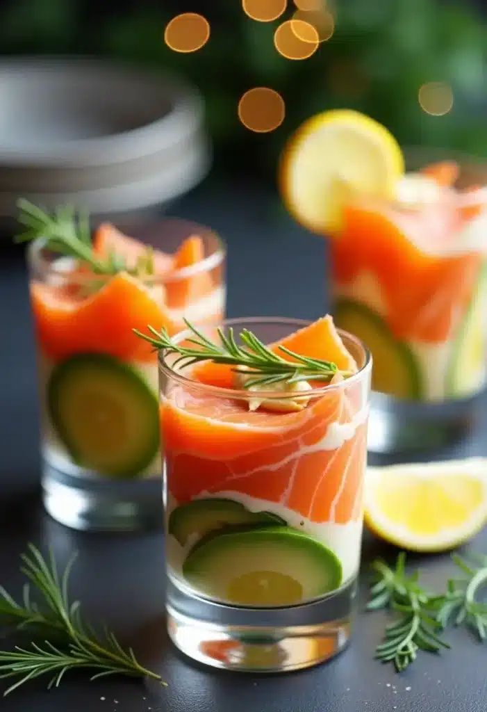 Verrines saumon, avocat et romarin frais.