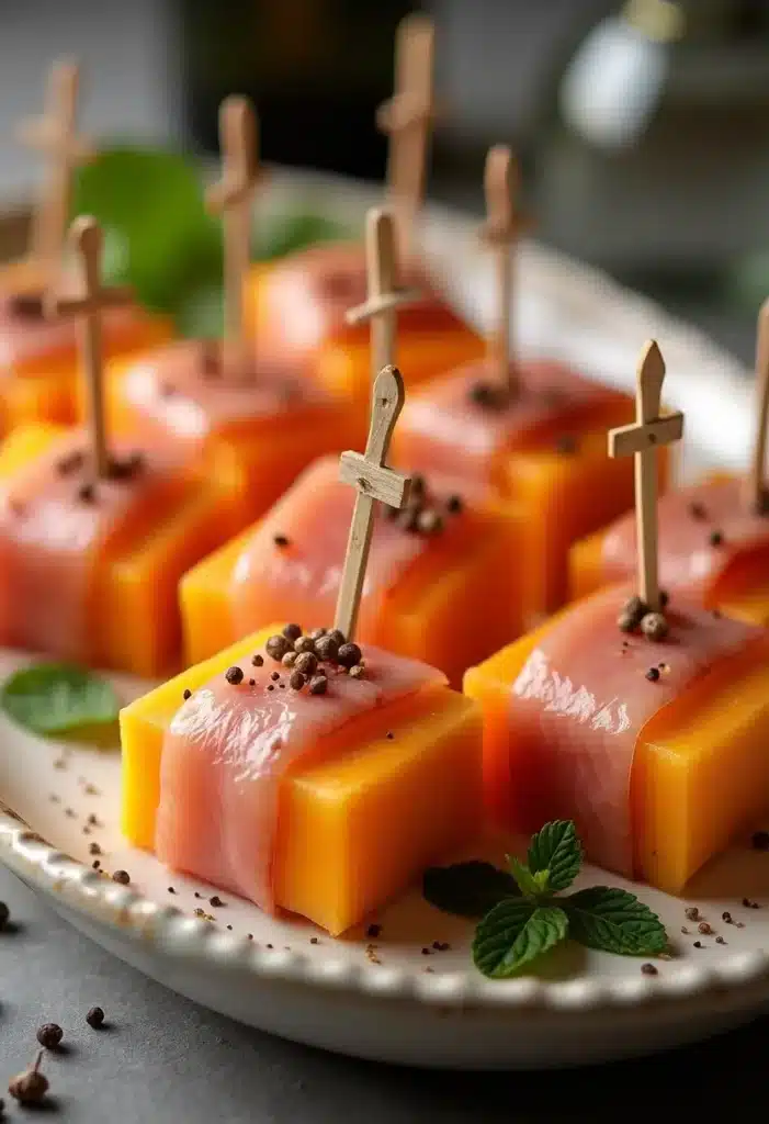 Amuse-bouches apéritif saumon et fromage, cure-dents décoratifs.