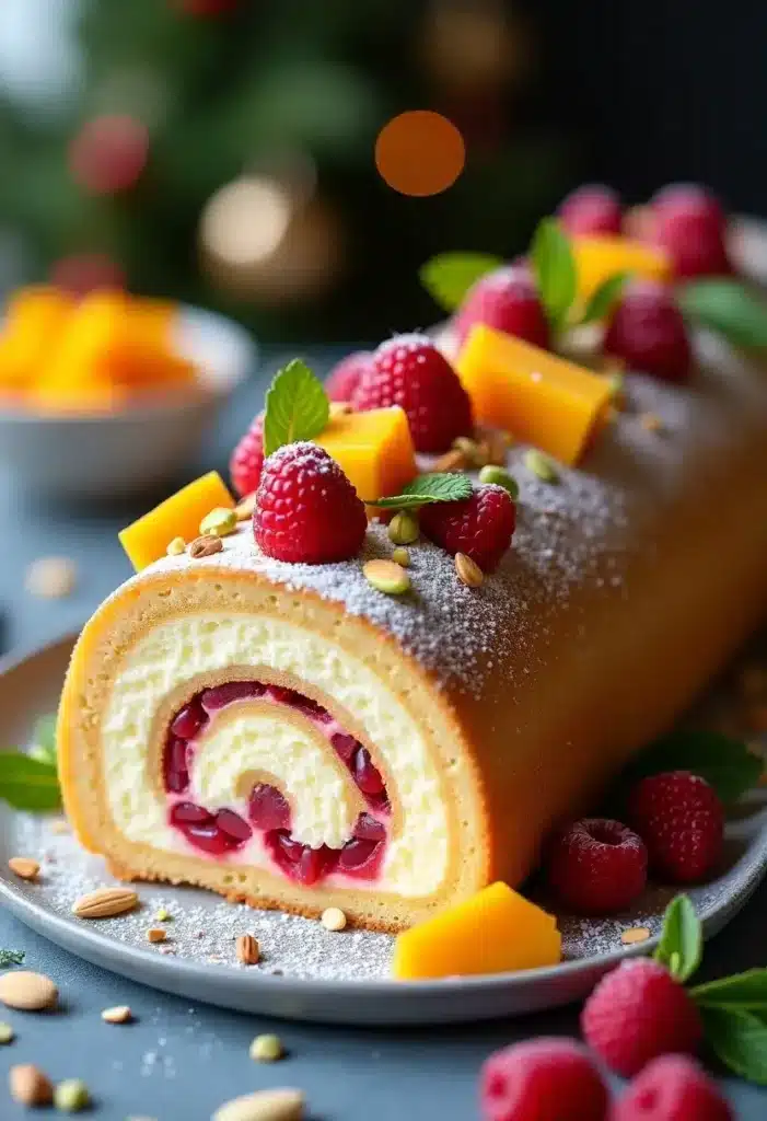 Bûche roulée fruits et décorée de framboises.