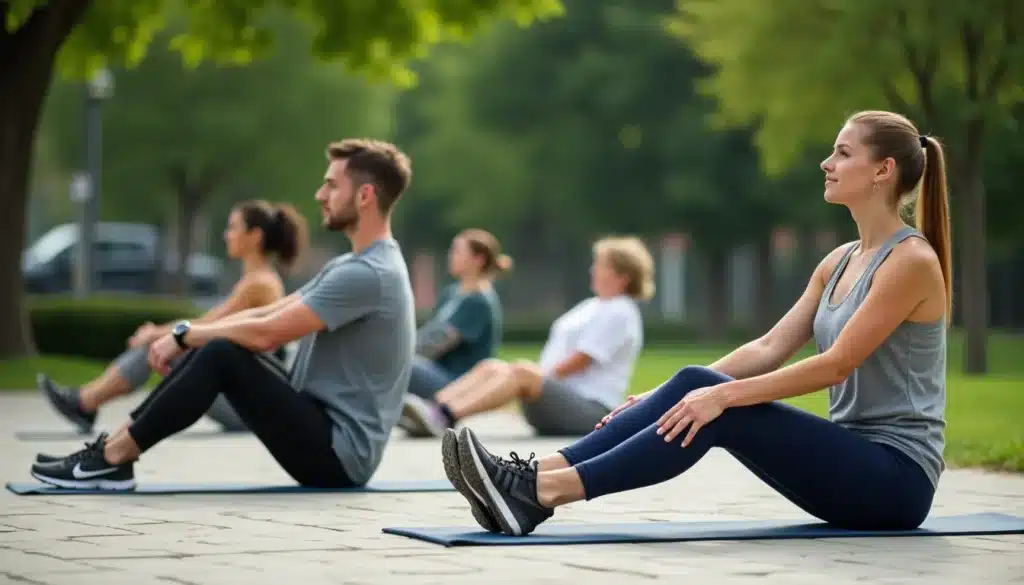 Groupe pratiquant le yoga en plein air.
