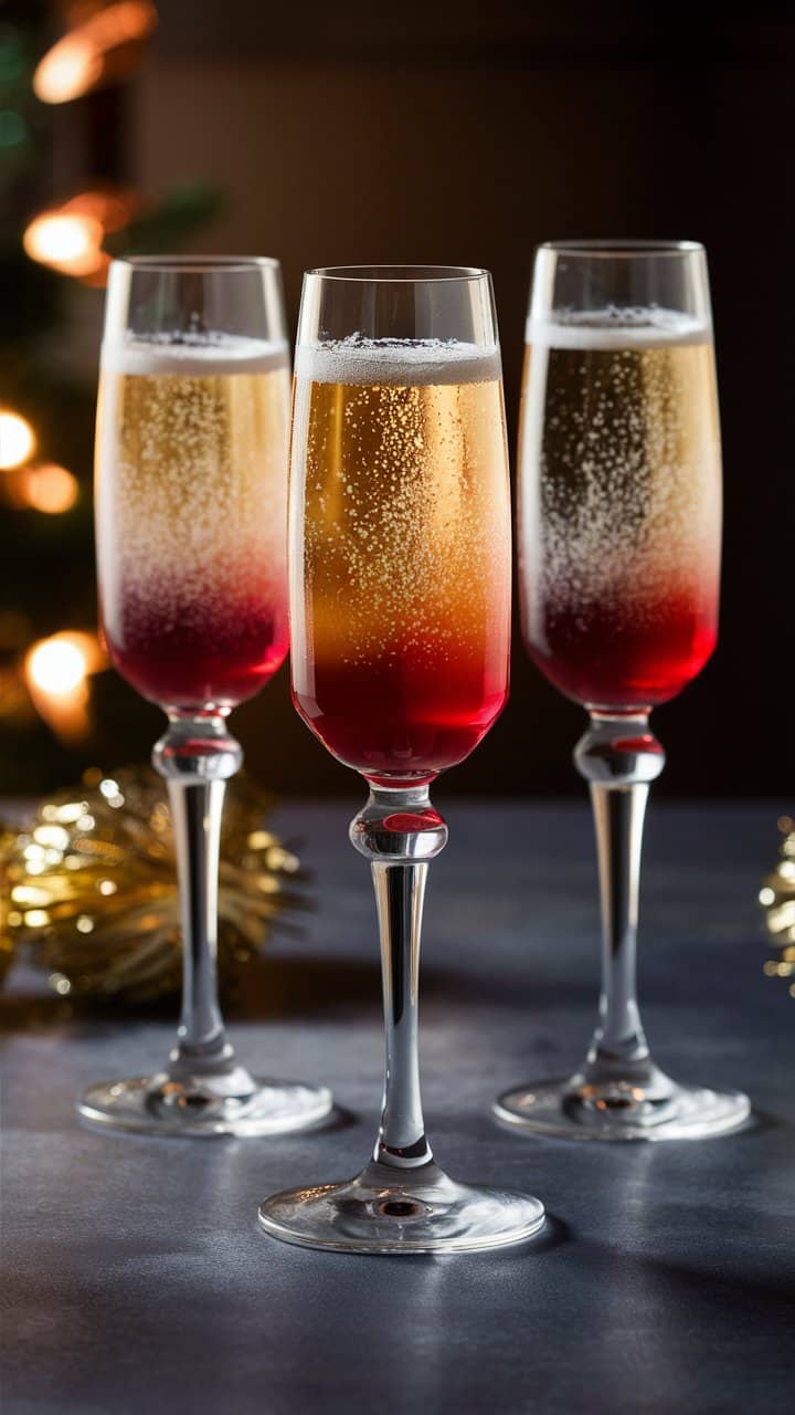 Trois cocktails festifs dans des flûtes élégantes.