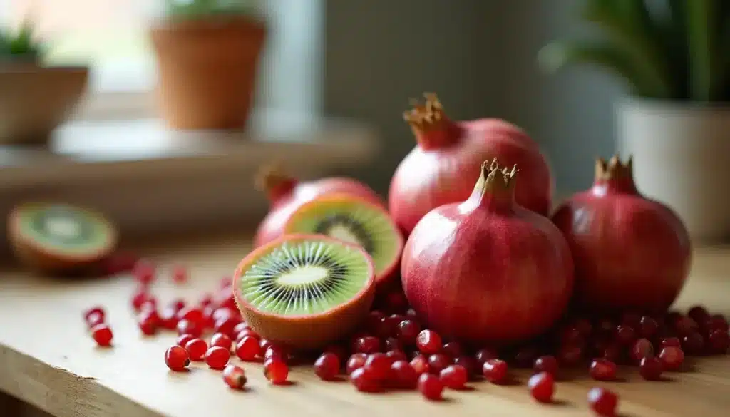 Grenades et kiwis sur une table en bois.