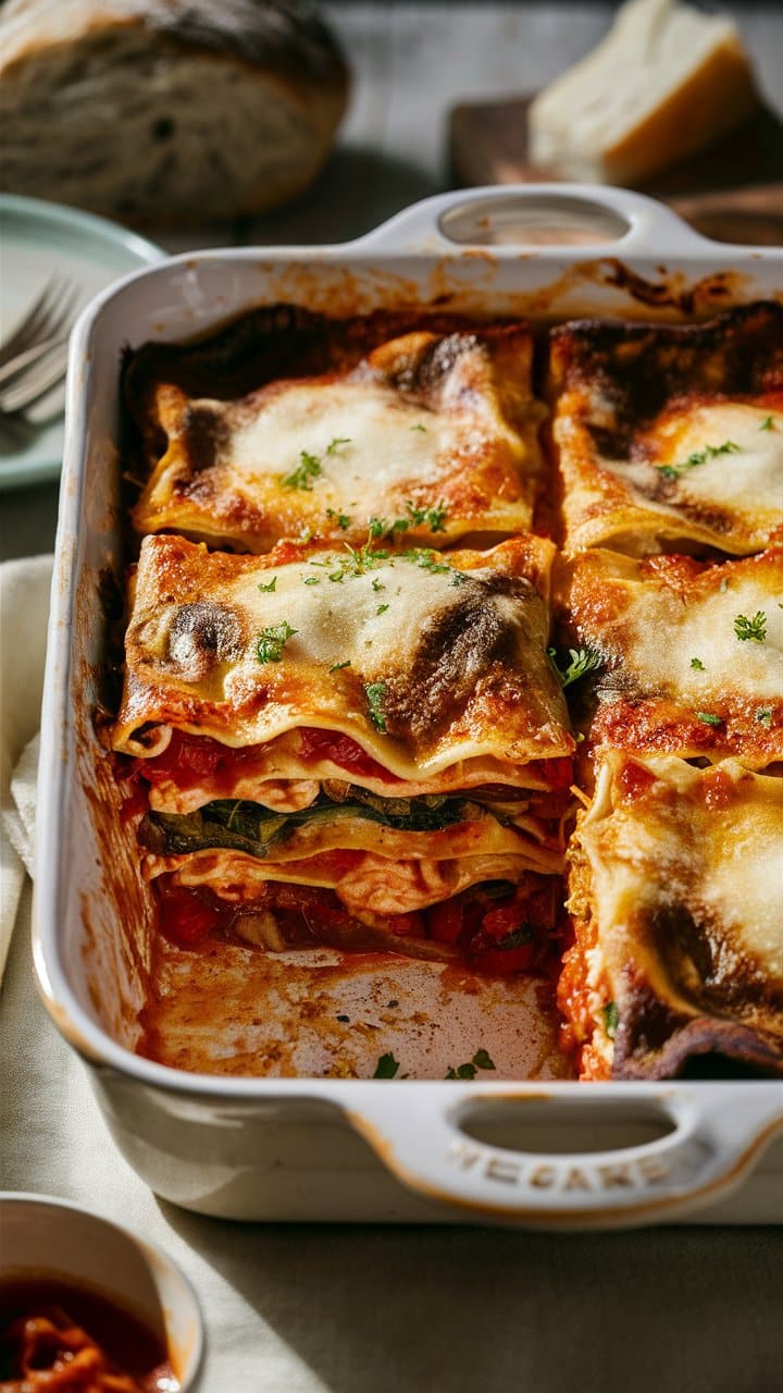 Lasagnes gratinées dans un plat blanc