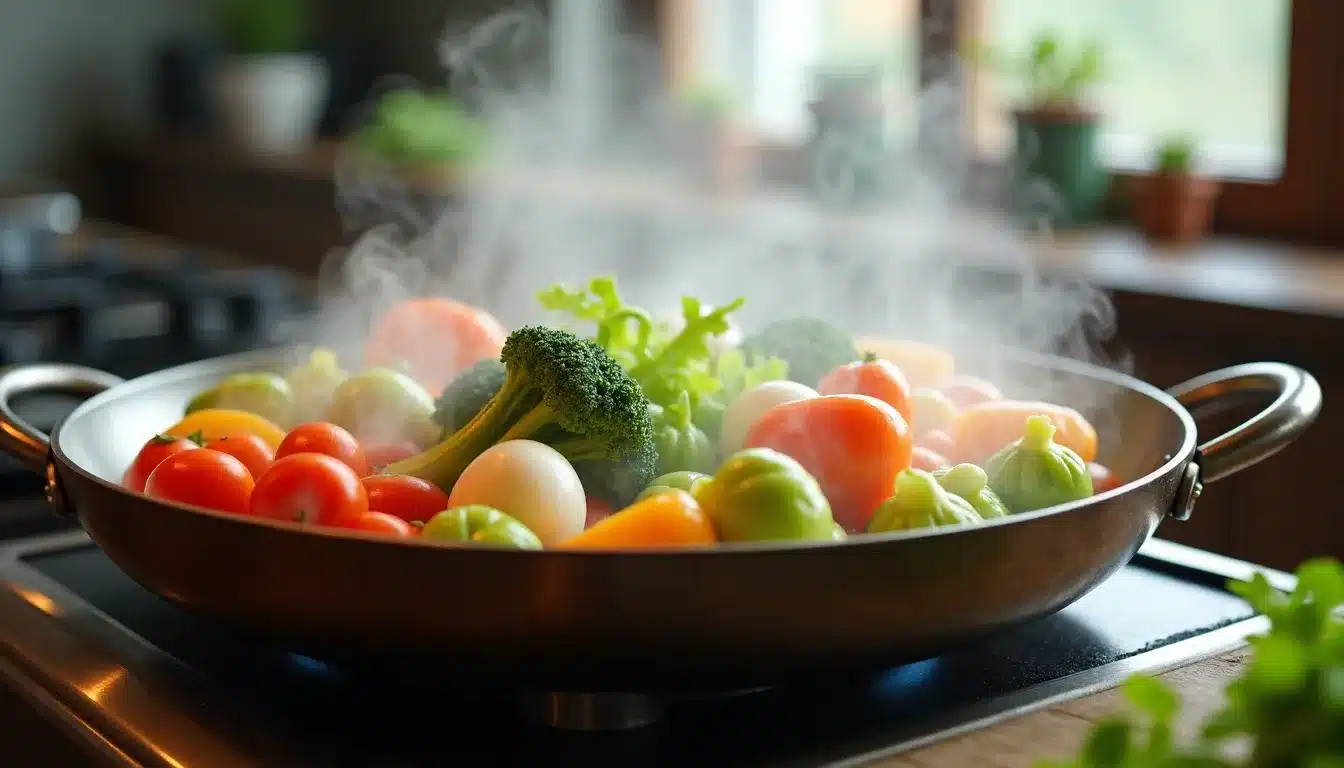 Légumes frais cuisinés à la vapeur dans une poêle.
