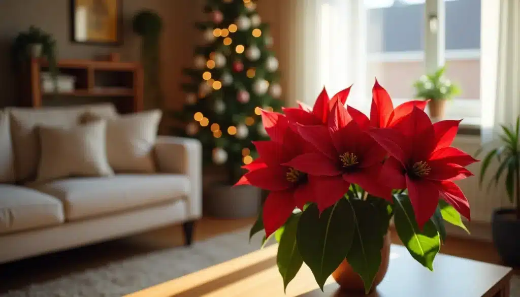Salon avec poinsettia et sapin de Noël