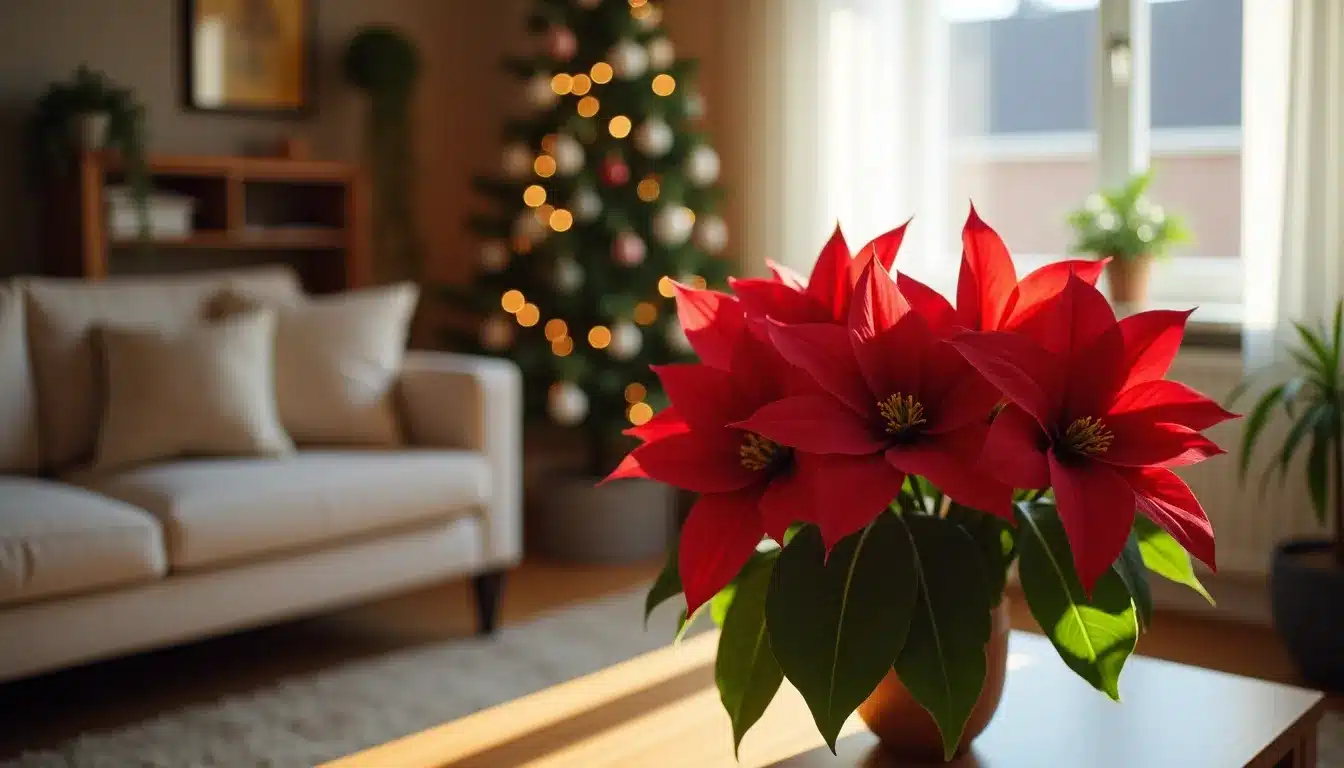 Salon avec poinsettia et sapin de Noël