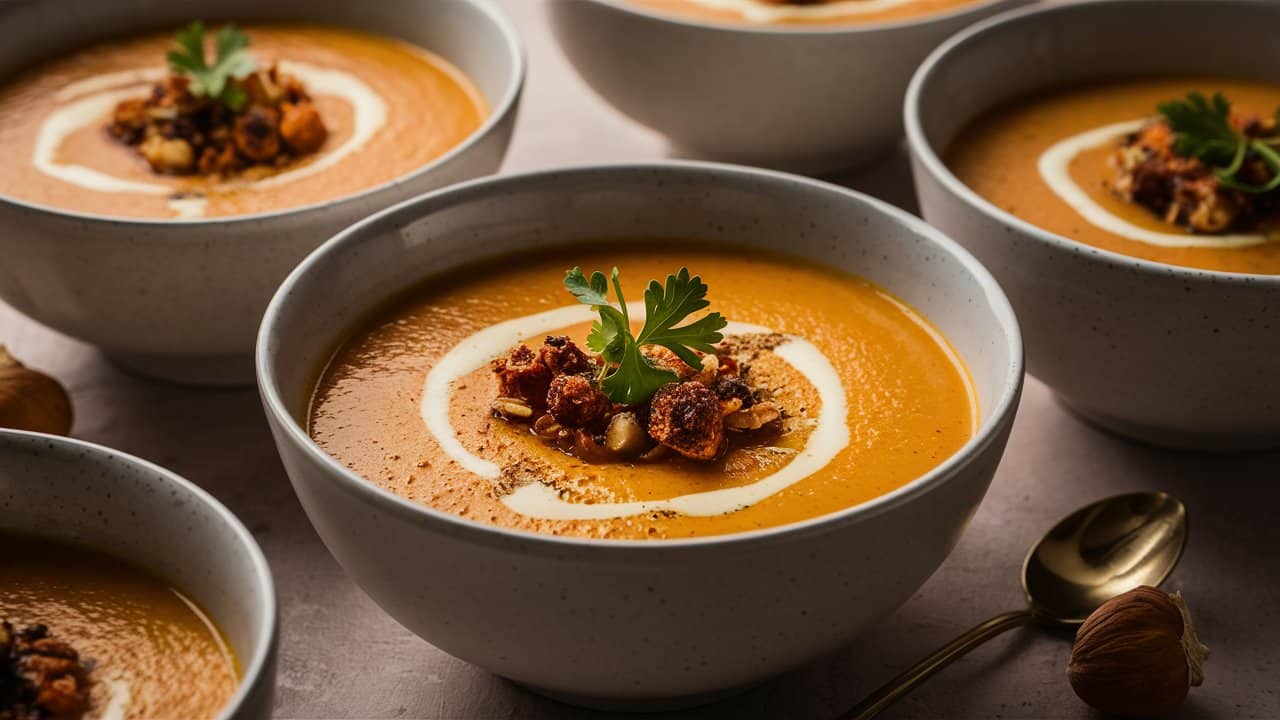 Bols de soupe à la courge garnie de persil.