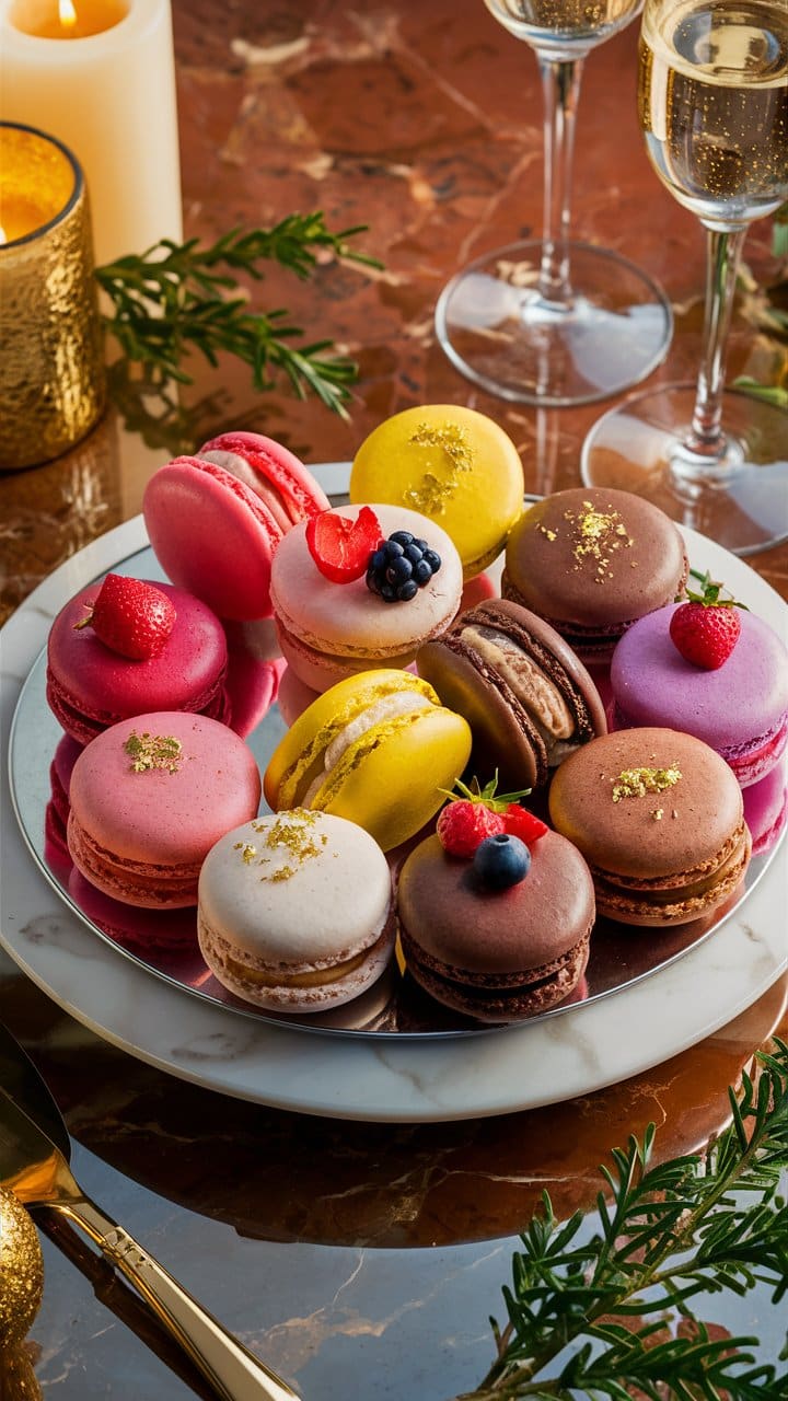 Assiette de macarons colorés et décor festif.