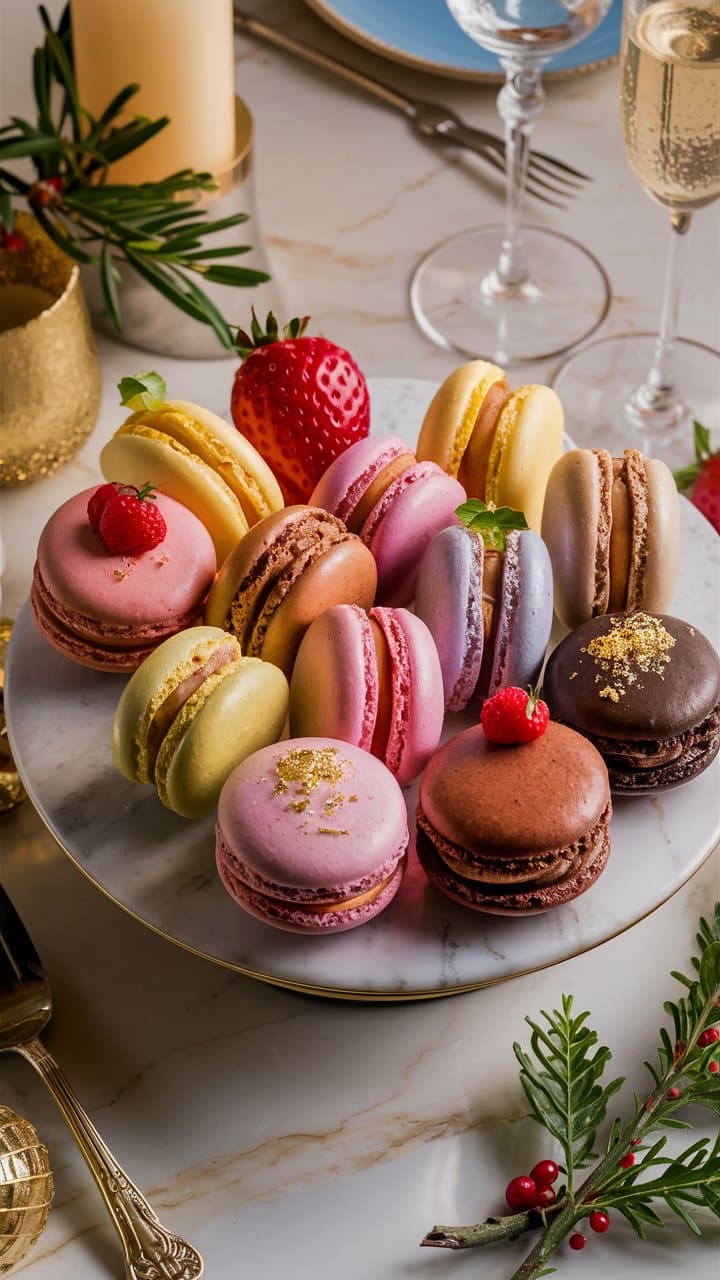 Assortiment de macarons colorés sur une table élégante.