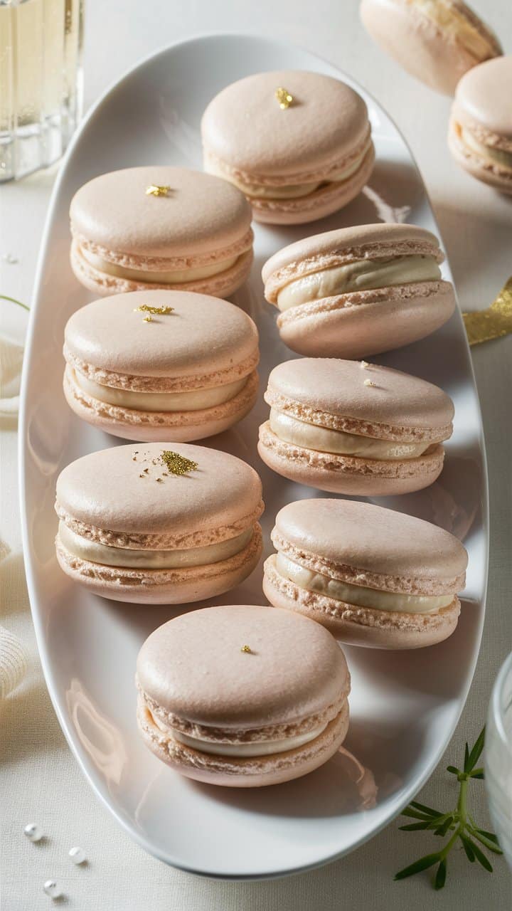 Plateau de macarons beiges sur table blanche.